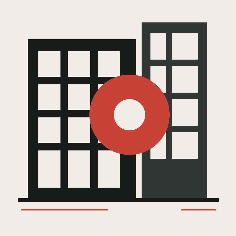Studio concept Griglia viva: facciate astratte e cerchio rosso